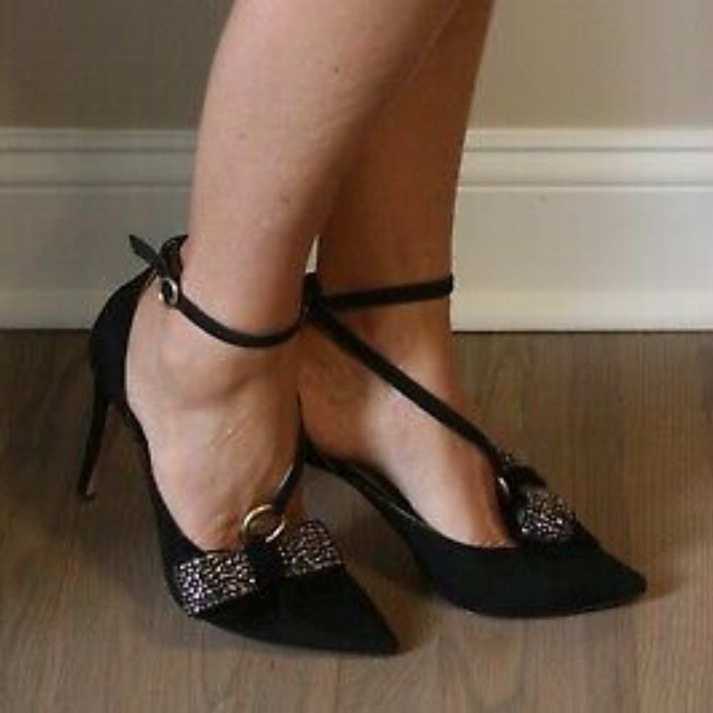Chloe Evening Crystal Bow Pumps Ankle Strap Black Suede 38.5 $920